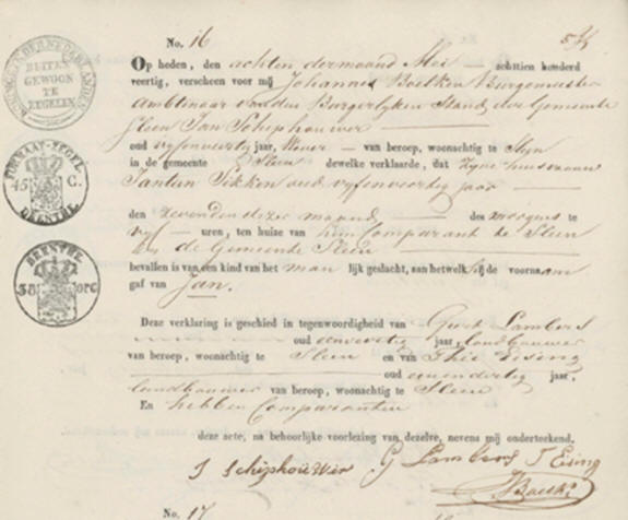 Geboorteakte uit 1840 van Jan Schiphouwer, zoon van Jan Schiphouwer senior.